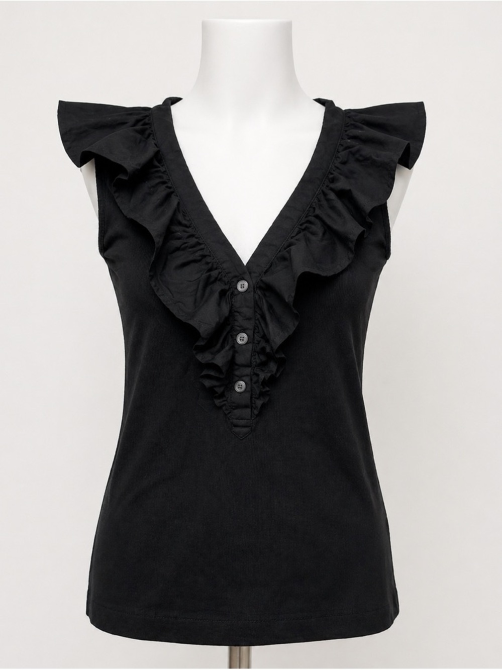 LOFT Petites XSP Black Ruffle V-Neck Sleeveless Top Button Front Blouse